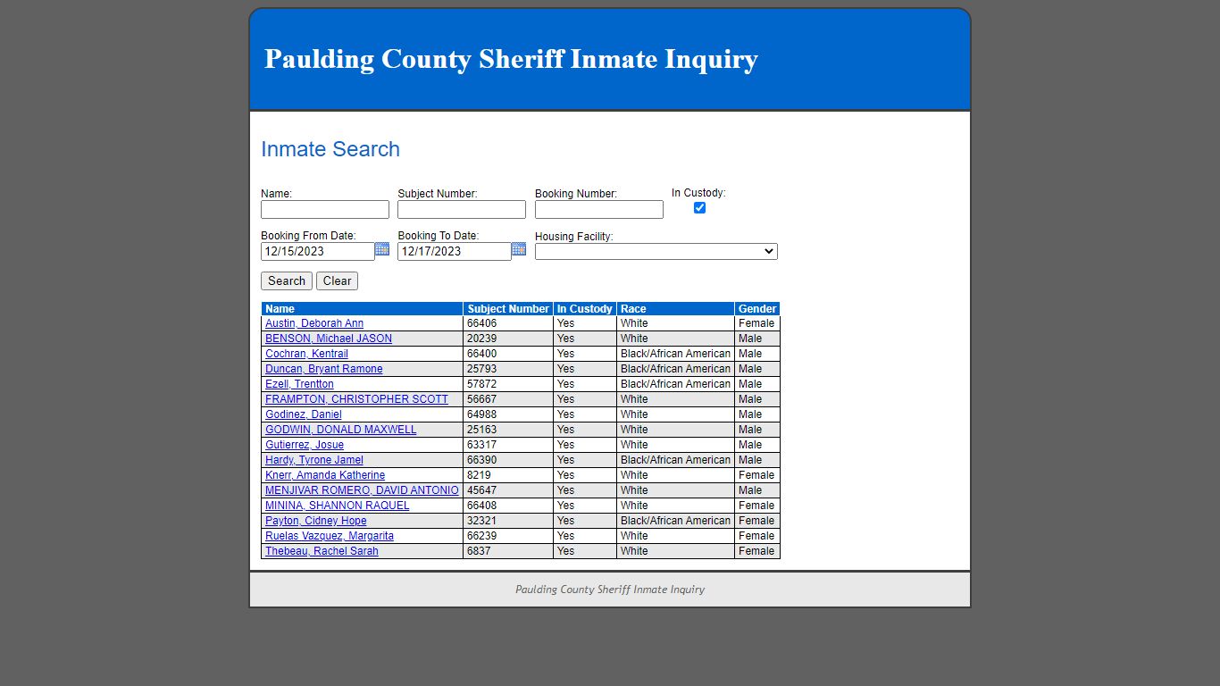 Inmate Search - Paulding County Sheriff Inmate Inquiry